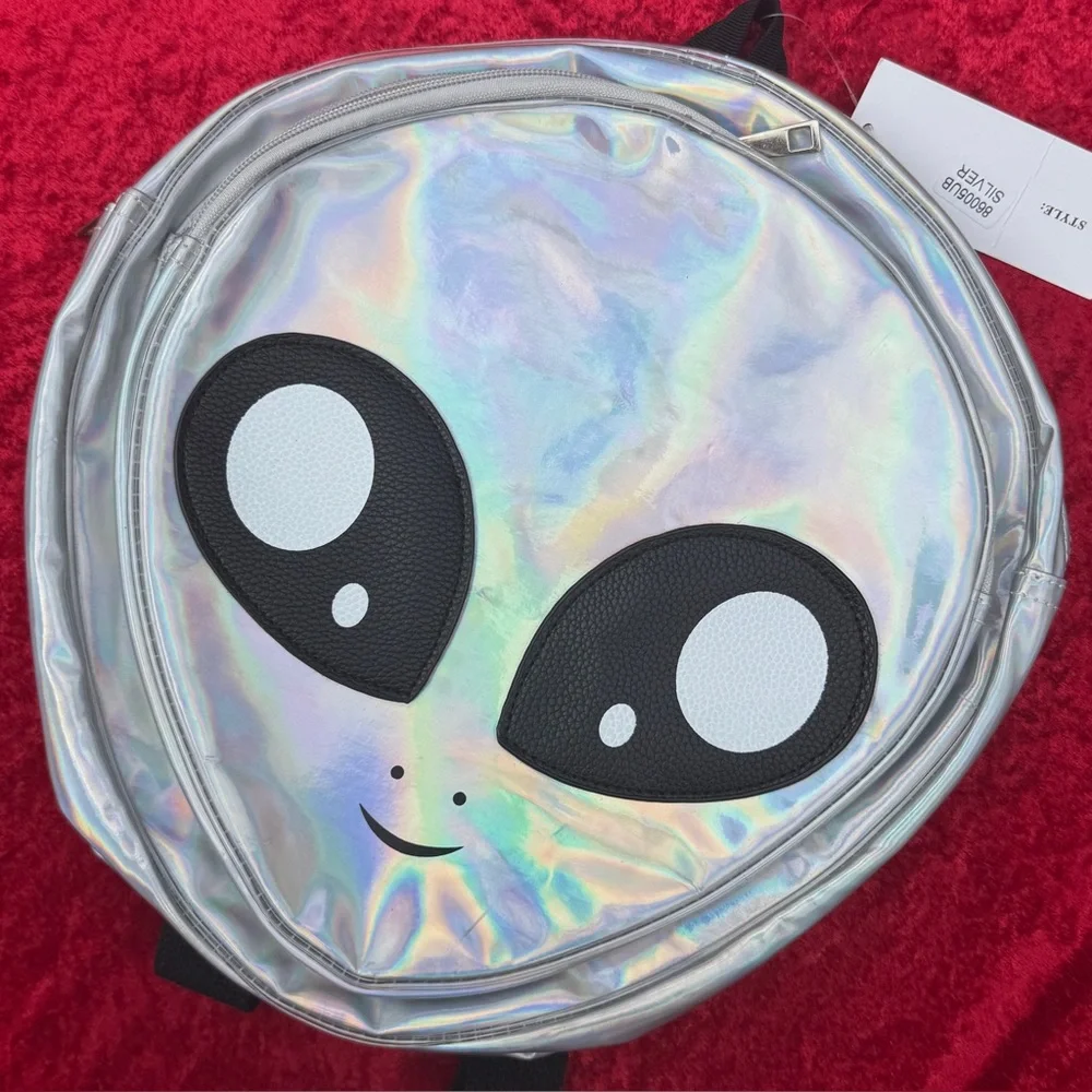 Big Alien Head Backpack - Novelty Purse - Silver Holographic - Halloween